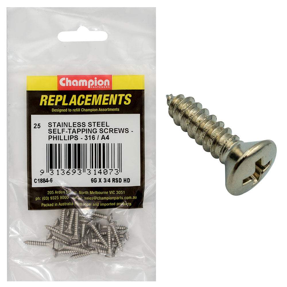 Champion 6G X 3/4In S/Tapping Screw -Rsd -Ph -316/A4 -25Pk