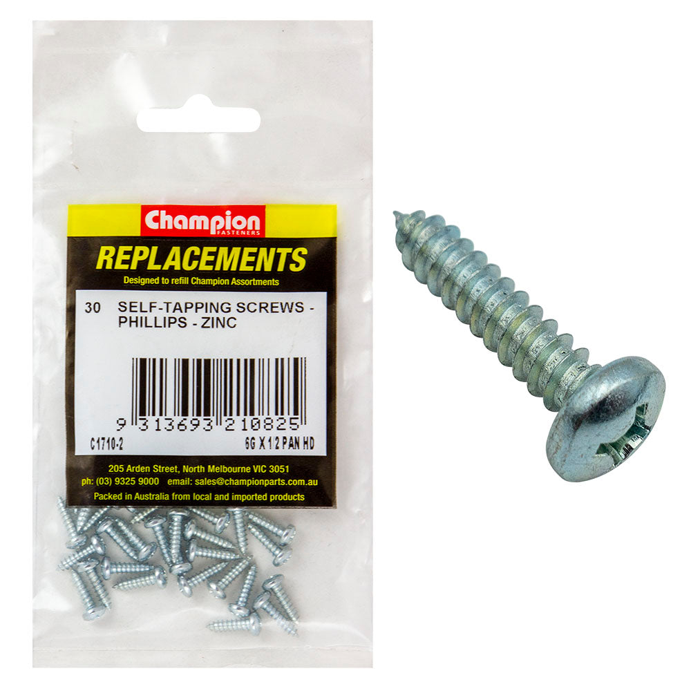 Champion 6G X 1/2In S/Tapping Screw Pan Head Phillips - 30Pk