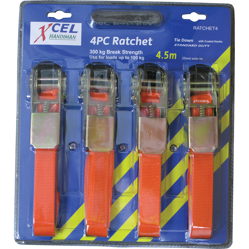 Xcel 4.5M Ratchet Tie Down 4Pc