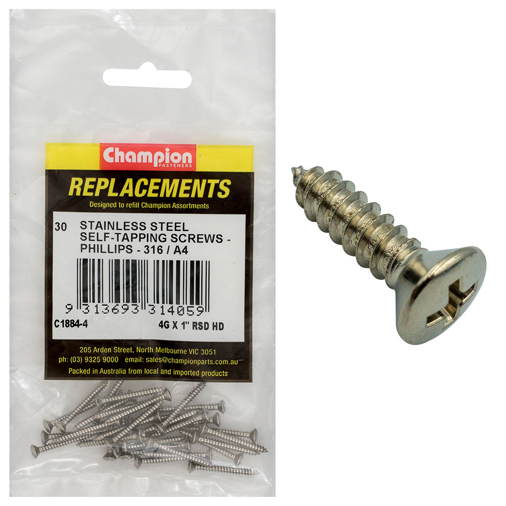 Champion 4G X 1In S/Tapping Screw -Rsd -Ph -316/A4 -30Pk