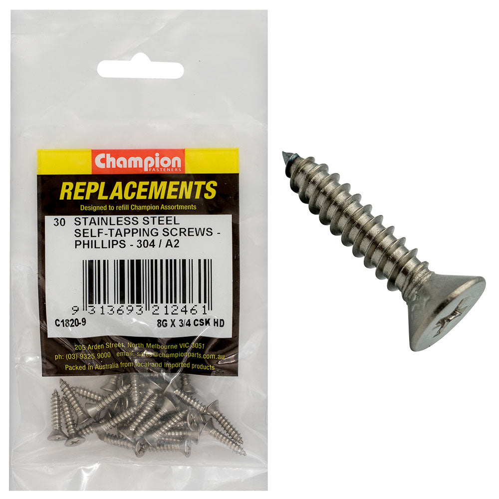 Champion 8G X 3/4 S/Tappg Screw Csk Hd Phillips 304/A2 -30Pk