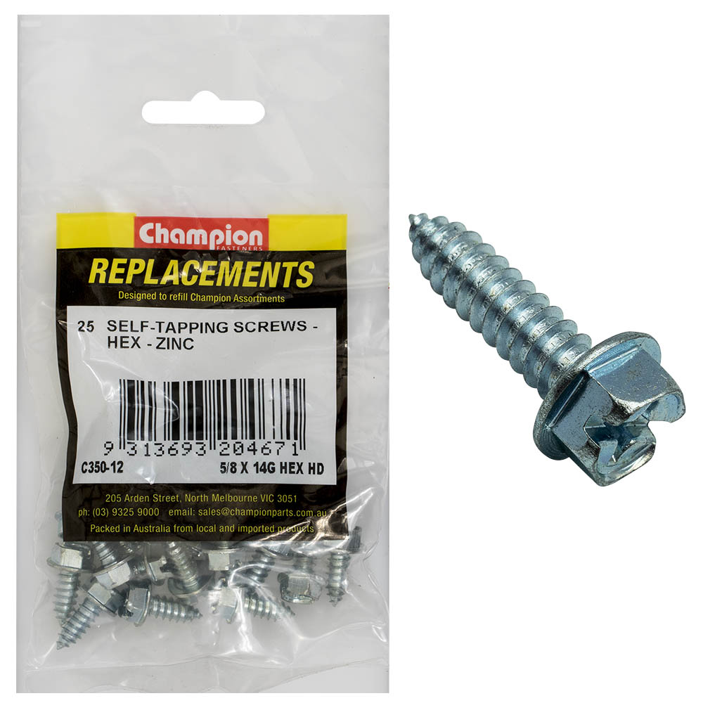 Champion 14G X 5/8In S/Tapping Screw Hex Head Phillips -25Pk