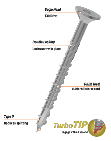 Ecko T-REX17® 12g x 65mm Wide-Board Decking Screw Bugle Head – 304 S/Steel (250 Box)