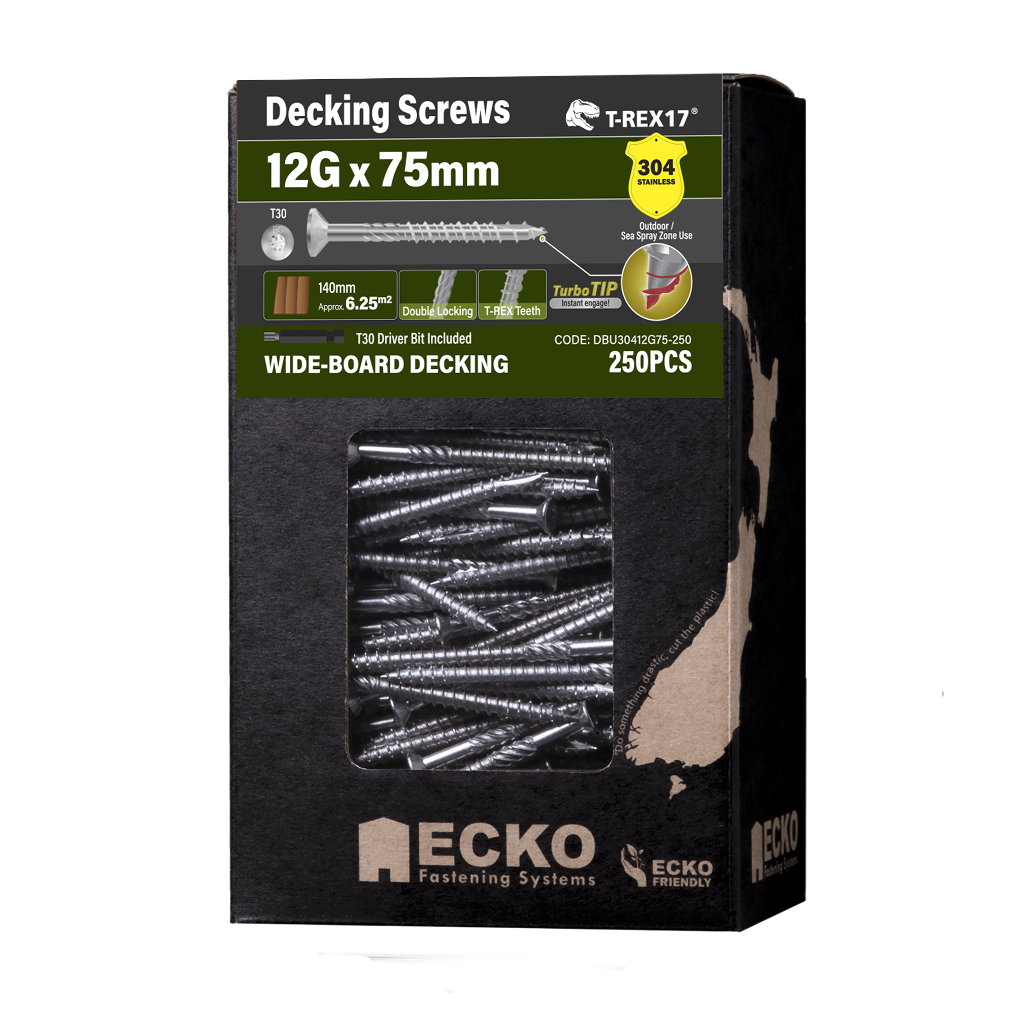 Ecko T-REX17® 12g x 75mm Wide-Board Decking Screw Bugle Head – 304 S/Steel (250 Box)