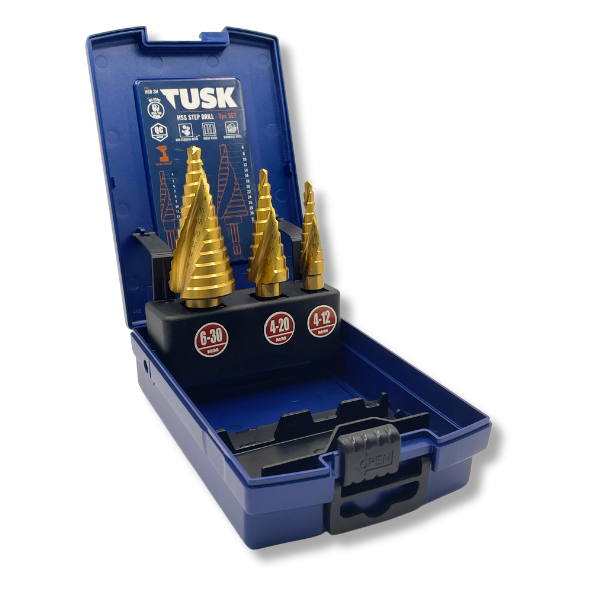 Tusk Hss Step Drill Bits 3Pc Set 12Mm/20Mm/30Mm Spiral Flute Qc Hex Tin Coated