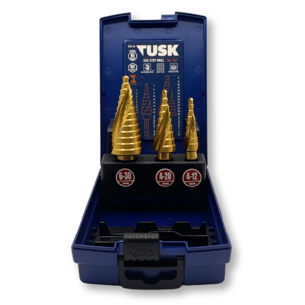 Tusk Hss Step Drill Bits 3Pc Set 12Mm/20Mm/30Mm Spiral Flute Qc Hex Tin Coated