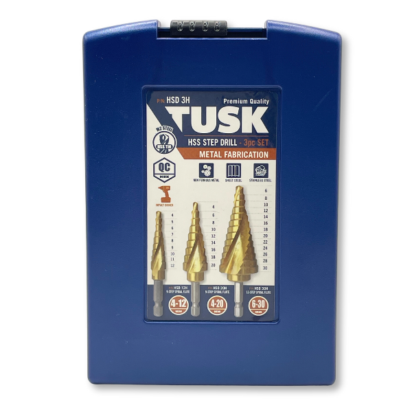 Tusk Hss Step Drill Bits 3Pc Set 12Mm/20Mm/30Mm Spiral Flute Qc Hex Tin Coated