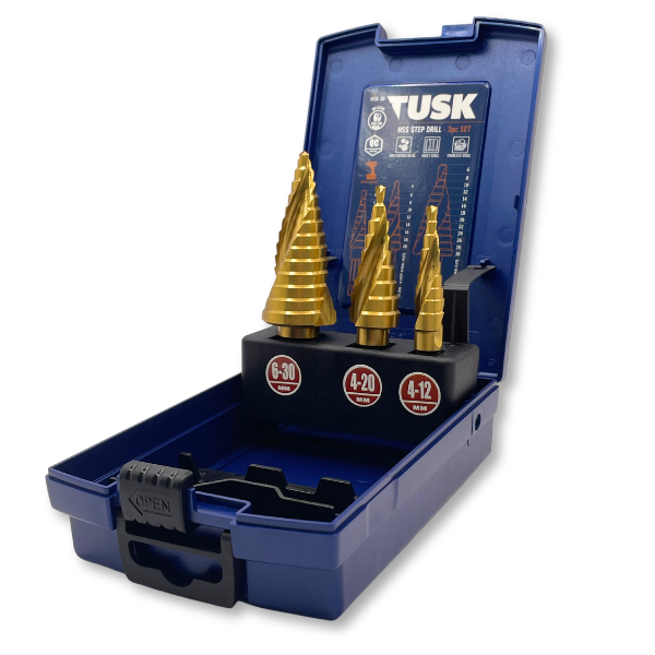 Tusk Hss Step Drill Bits 3Pc Set 12Mm/20Mm/30Mm Spiral Flute Qc Hex Tin Coated