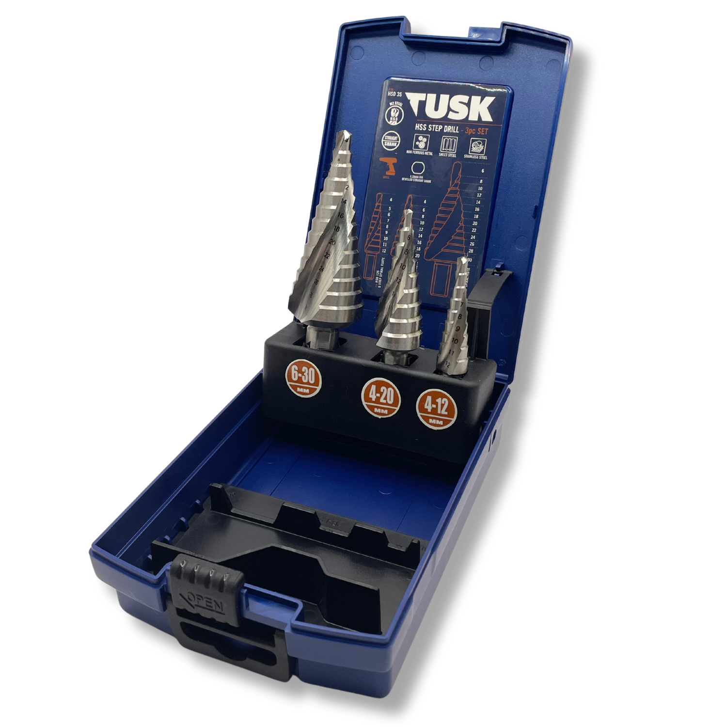 Tusk Hss Step Drill Bits 3Pc Set 12Mm/20Mm/30Mm Spiral Flute Staight Shank