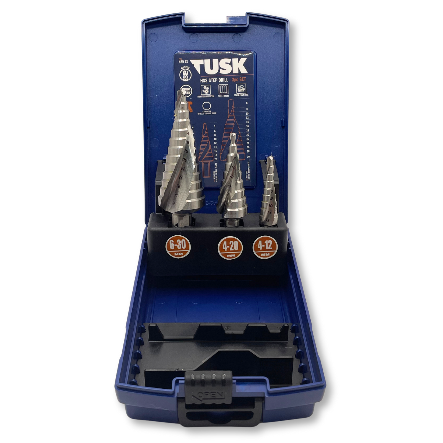 Tusk Hss Step Drill Bits 3Pc Set 12Mm/20Mm/30Mm Spiral Flute Staight Shank