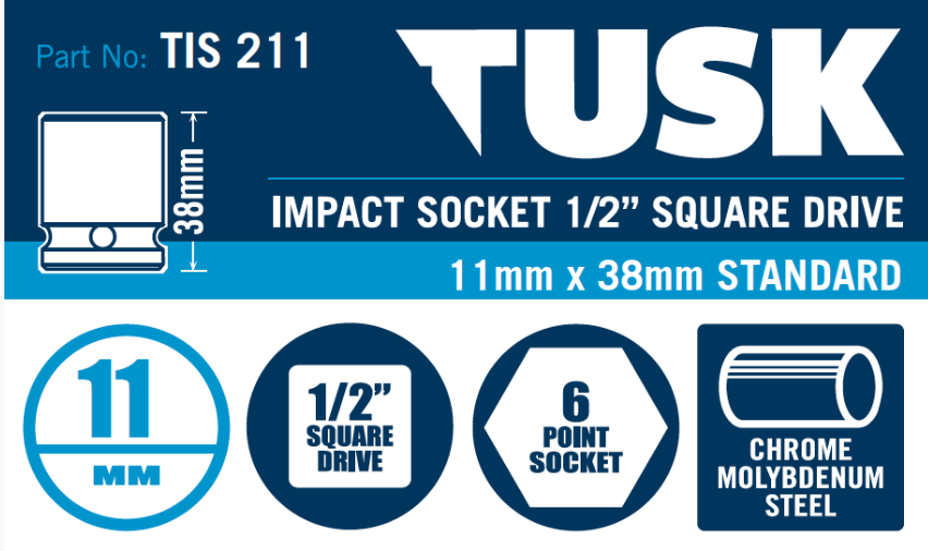 Tusk Impact Socket 1/2 Inch Square Drive - 11 X 38 Standard
