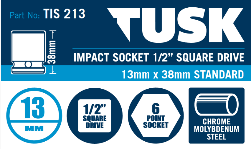 Tusk Impact Socket 1/2 Inch Square Drive - 13 X 38 Standard