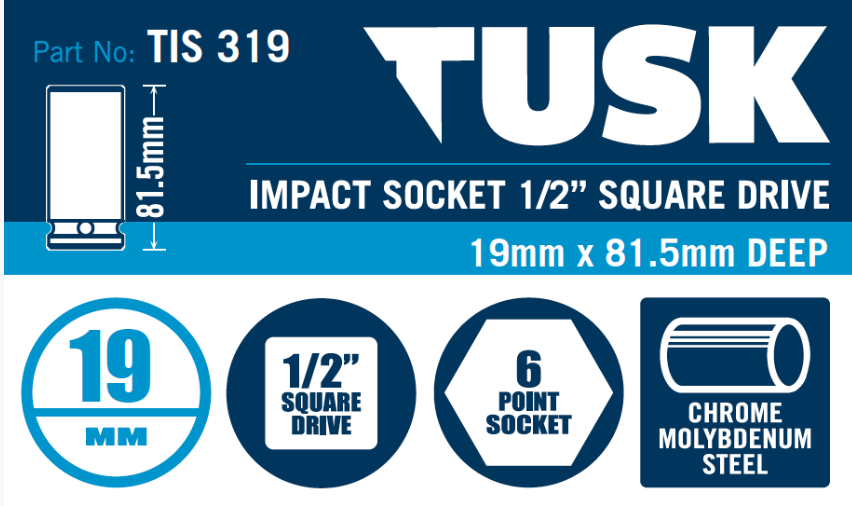 Tusk Impact Socket 1/2 Inch Square Drive - 19 X 81.5 Deep