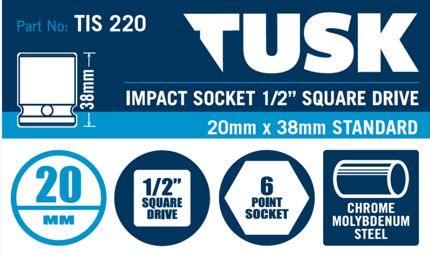 Tusk Impact Socket 1/2 Inch Square Drive - 20 X 38 Standard