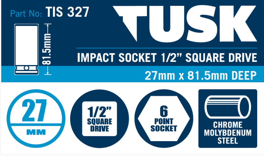 Tusk Impact Socket 1/2 Inch Square Drive - 27 X 81.5 Deep