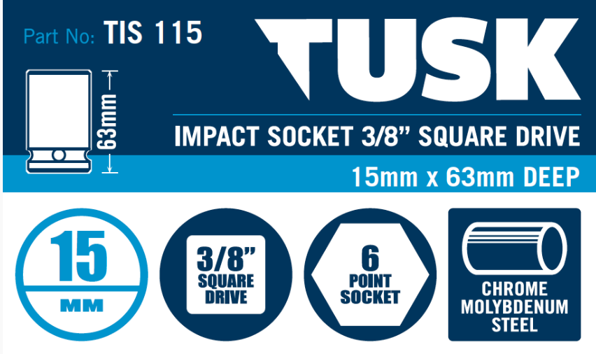 Tusk Impact Socket 3/8 Inch Square Drive - 15 X 63 Deep