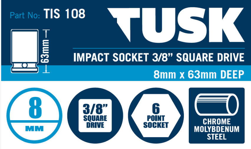 Tusk Impact Socket 3/8 Inch Square Drive - 8 X 63 Deep