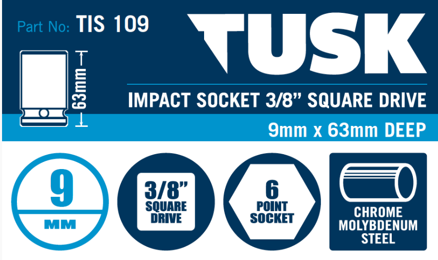 Tusk Impact Socket 3/8 Inch Square Drive - 9 X 63 Deep