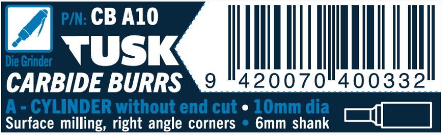 Tusk Carbide Burrs A Shape Cylinder-Without End Cut Dia 10Mm, 6Mm Shank, Double Cut