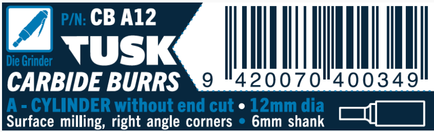 Tusk Carbide Burrs A Shape Cylinder-Without End Cut Dia 12Mm, 6Mm Shank, Double Cut