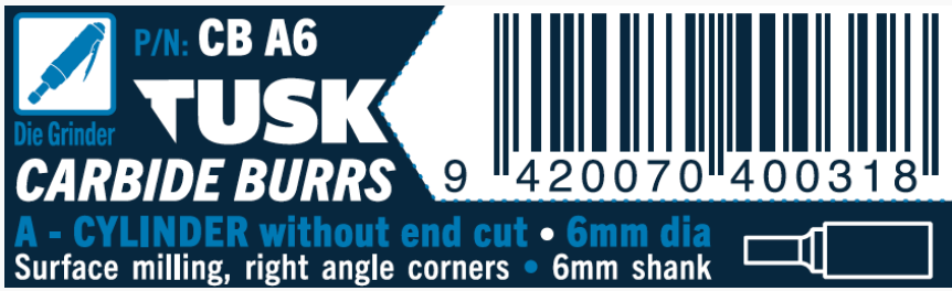 Tusk Carbide Burrs A Shape Cylinder-Without End Cut Dia 6Mm, 6Mm Shank, Double Cut