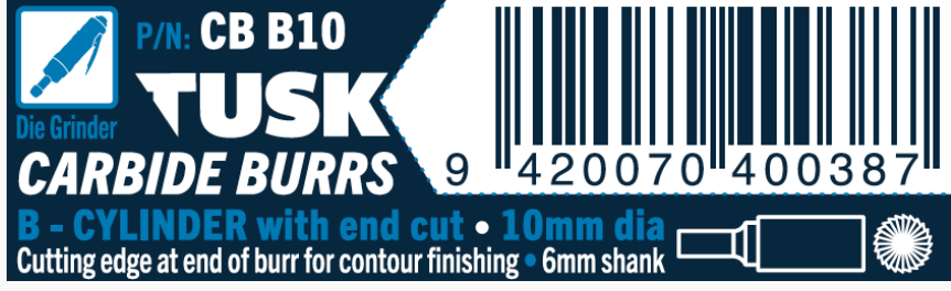 Tusk Carbide Burrs B Shape Cylinder-With End Cut Dia 10Mm, 6Mm Shank, Double Cut