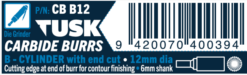 Tusk Carbide Burrs B Shape Cylinder-With End Cut Dia 12Mm, 6Mm Shank, Double Cut