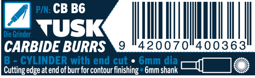 Tusk Carbide Burrs B Shape Cylinder-With End Cut Dia 6Mm, 6Mm Shank, Double Cut