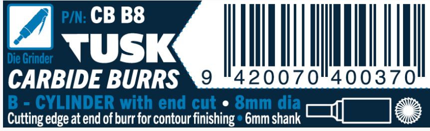 Tusk Carbide Burrs B Shape Cylinder-With End Cut Dia 8Mm, 6Mm Shank, Double Cut