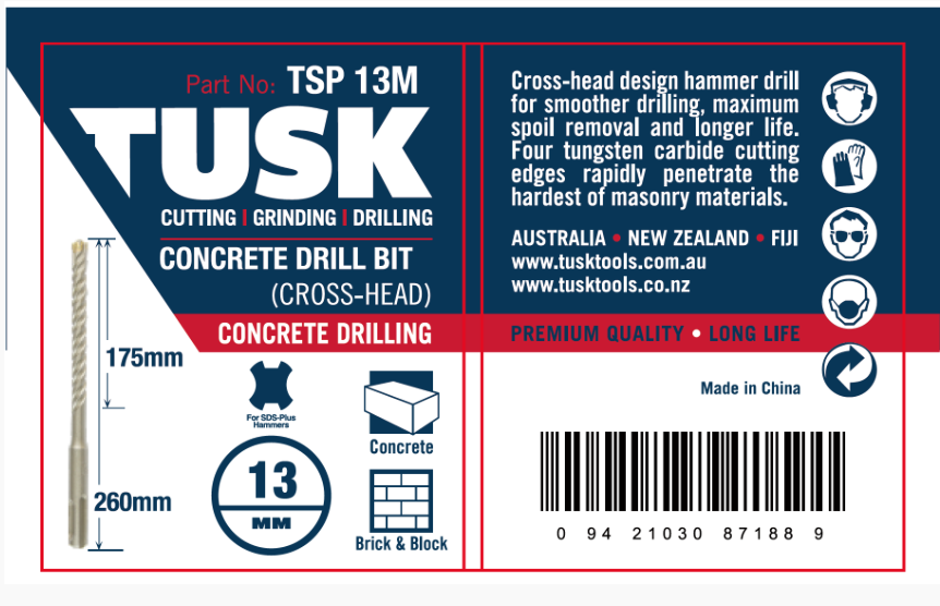 Tusk Concrete Drill Bits (Cross Head) 13Mm X 260Mm (185Mm)