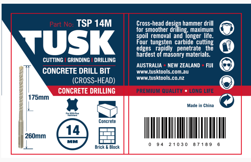 Tusk Concrete Drill Bits (Cross Head) 14Mm  X 260Mm (185Mm)