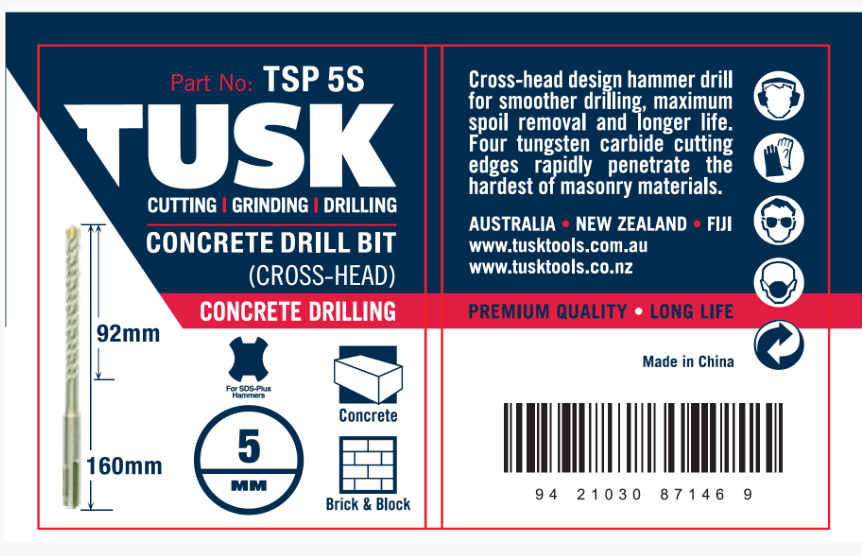 Tusk Concrete Drill Bits (Cross Head) 5Mm X160Mm (92Mm)