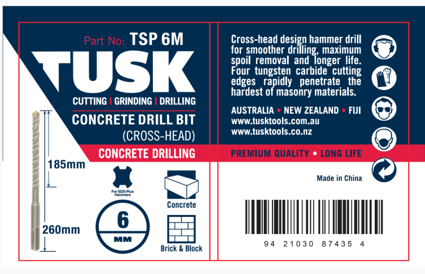 Tusk Concrete Drill Bits (Cross Head) 6Mm X 260Mm (185Mm)