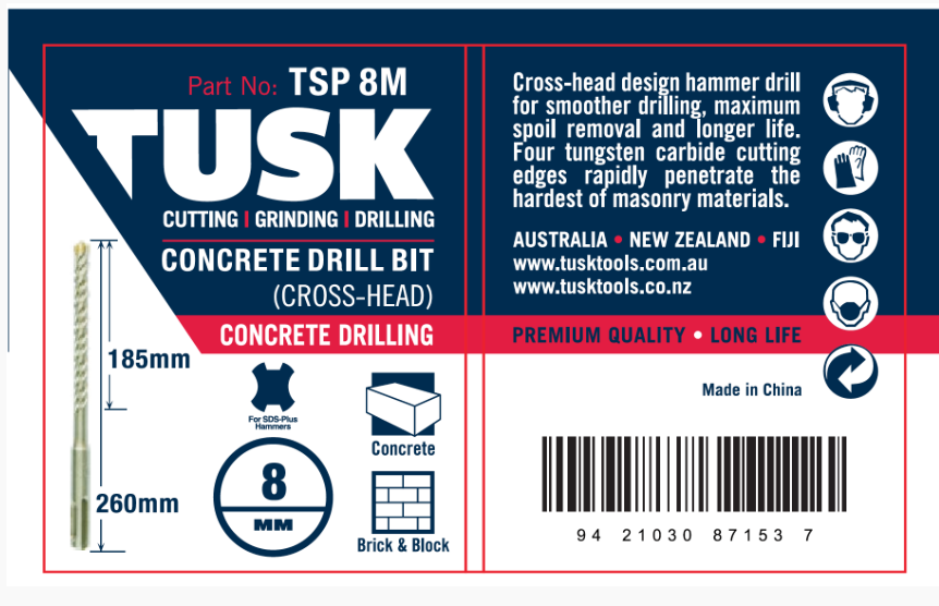 Tusk Concrete Drill Bits (Cross Head) 8Mm X 260Mm (185Mm)