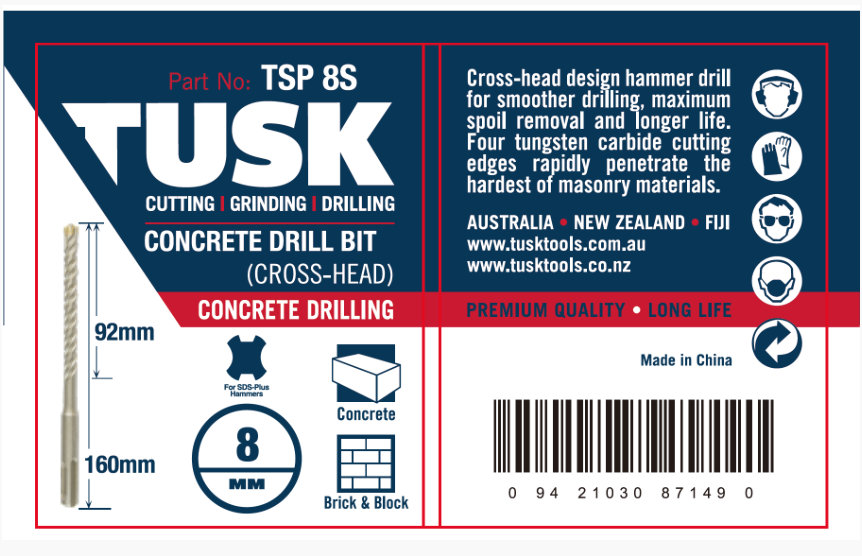 Tusk Concrete Drill Bits (Cross Head) 8Mm X160Mm (92Mm)