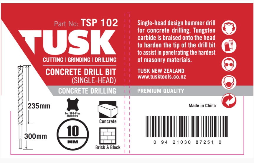 Tusk Concrete Drill Bits (Single Head) - 10 X 245/ 300Mm Sds Plus