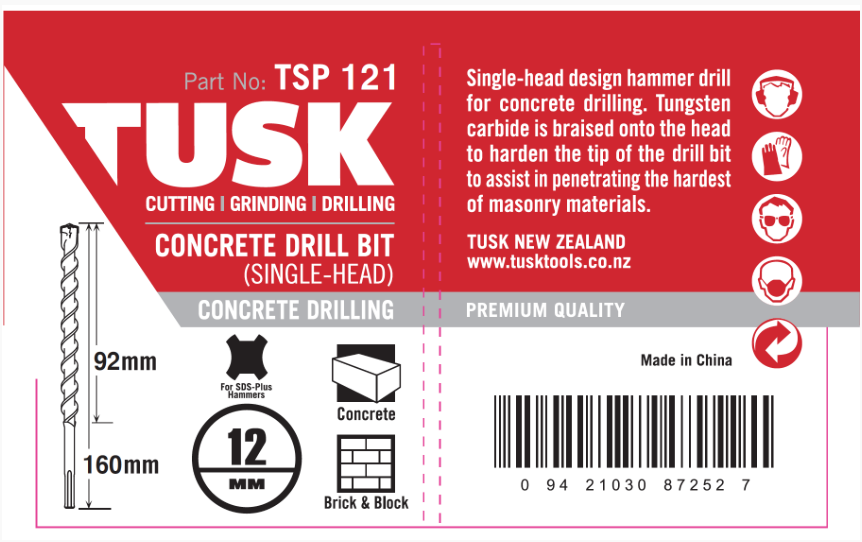 Tusk Concrete Drill Bits (Single Head) - 12 X 105/160Mm Sds Plus