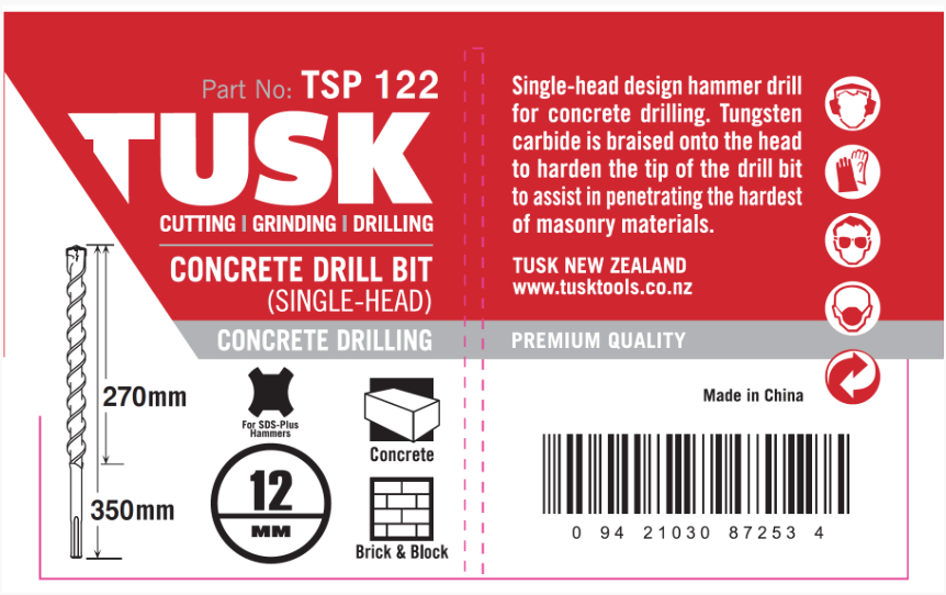 Tusk Concrete Drill Bits (Single Head) - 12 X 295/350Mm Sds Plus