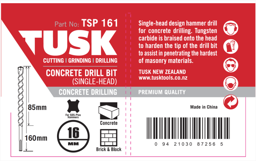 Tusk Concrete Drill Bits (Single Head) - 16 X 105/ 160Mm Sds Plus