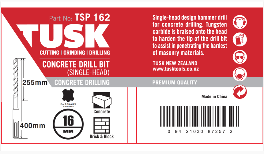 Tusk Concrete Drill Bits (Single Head) - 16 X 280/ 400Mm Sds Max