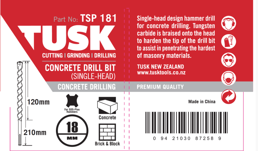 Tusk Concrete Drill Bits (Single Head) - 18 X 110/ 210Mm Sds Plus