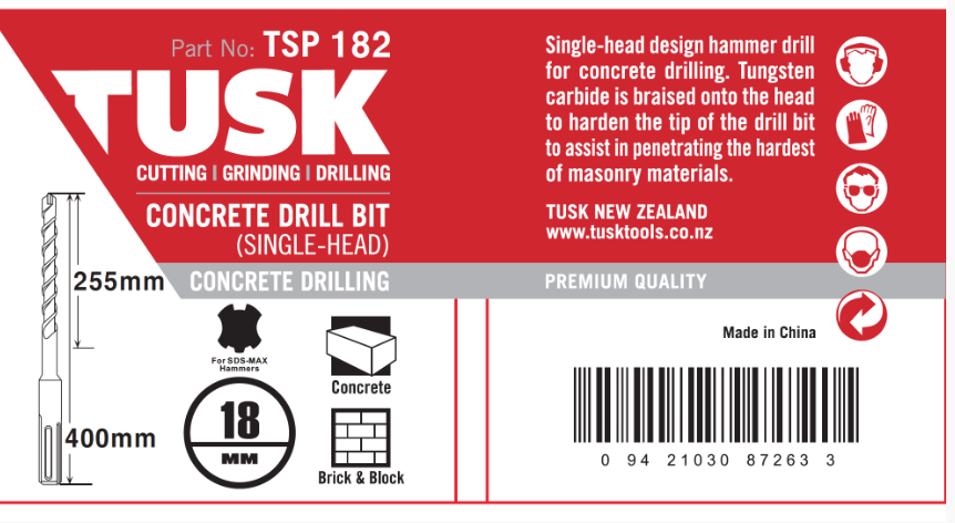 Tusk Concrete Drill Bits (Single Head) - 18 X 280/ 400Mm Sds Max