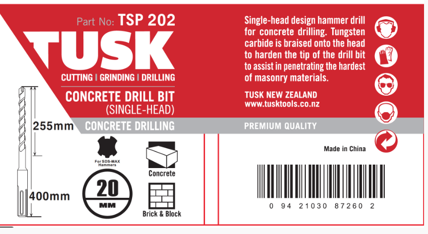 Tusk Concrete Drill Bits (Single Head) - 20 X 280/ 400Mm Sds Max