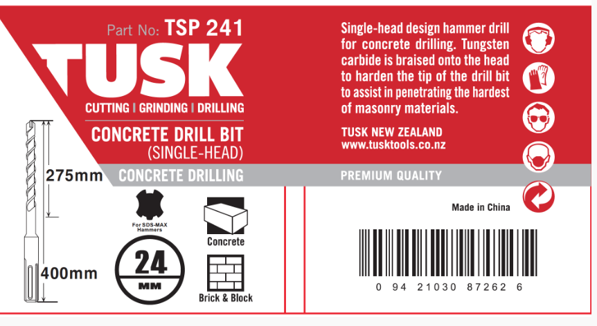 Tusk Concrete Drill Bits (Single Head) - 24 X 280/ 400Mm Sds Max