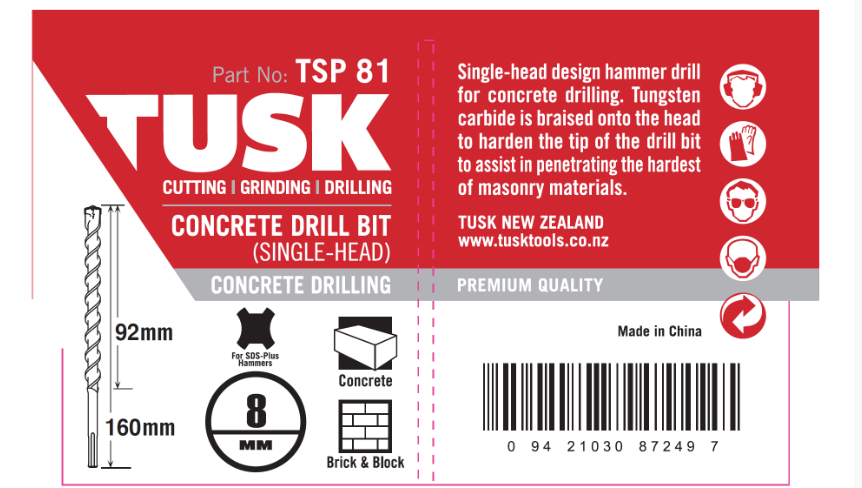 Tusk Concrete Drill Bits (Single Head) - 8 X 105/160Mm Sds Plus