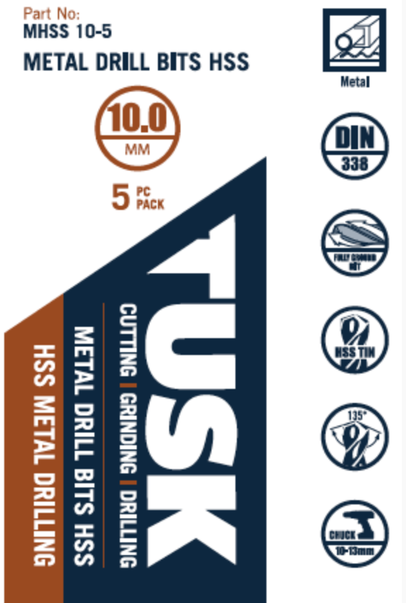 Tusk Metal Drill Bits Hss 10Mm 5Pc Pack