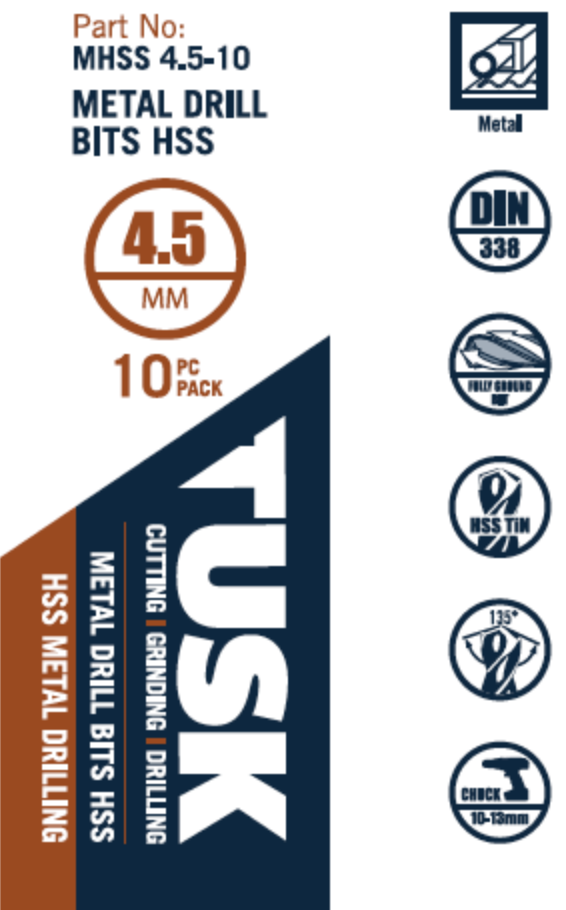 Tusk Metal Drill Bits Hss 4.5Mm 10Pc Pack