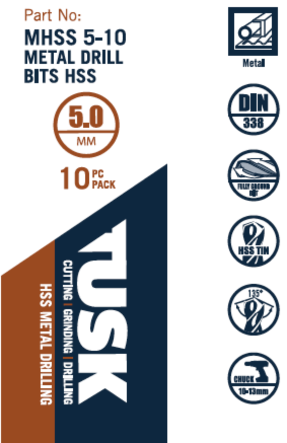 Tusk Metal Drill Bits Hss 5Mm 10Pc Pack