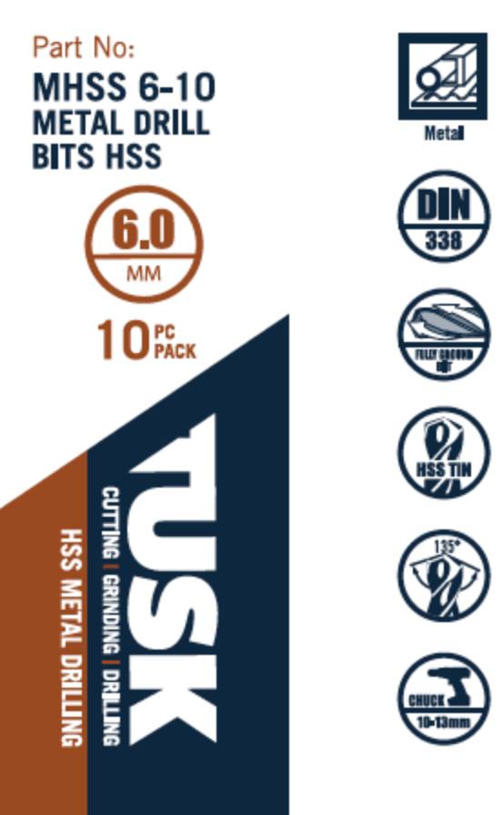 Tusk Metal Drill Bits Hss 6Mm 10Pc Pack