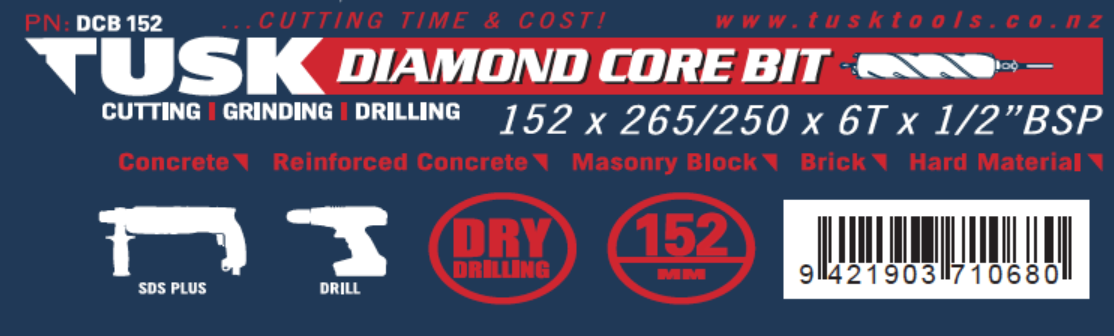 Tusk Diamond Core Bits - 152 X 265/250 X 6T X 1/2 Inch Bsp